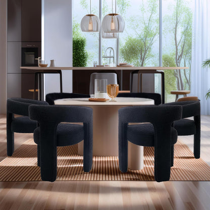 Black Sherpa Dining Chairs Set of 2, Modern Barrel Dining Room Chairs Upholstered Faux Fur Accent