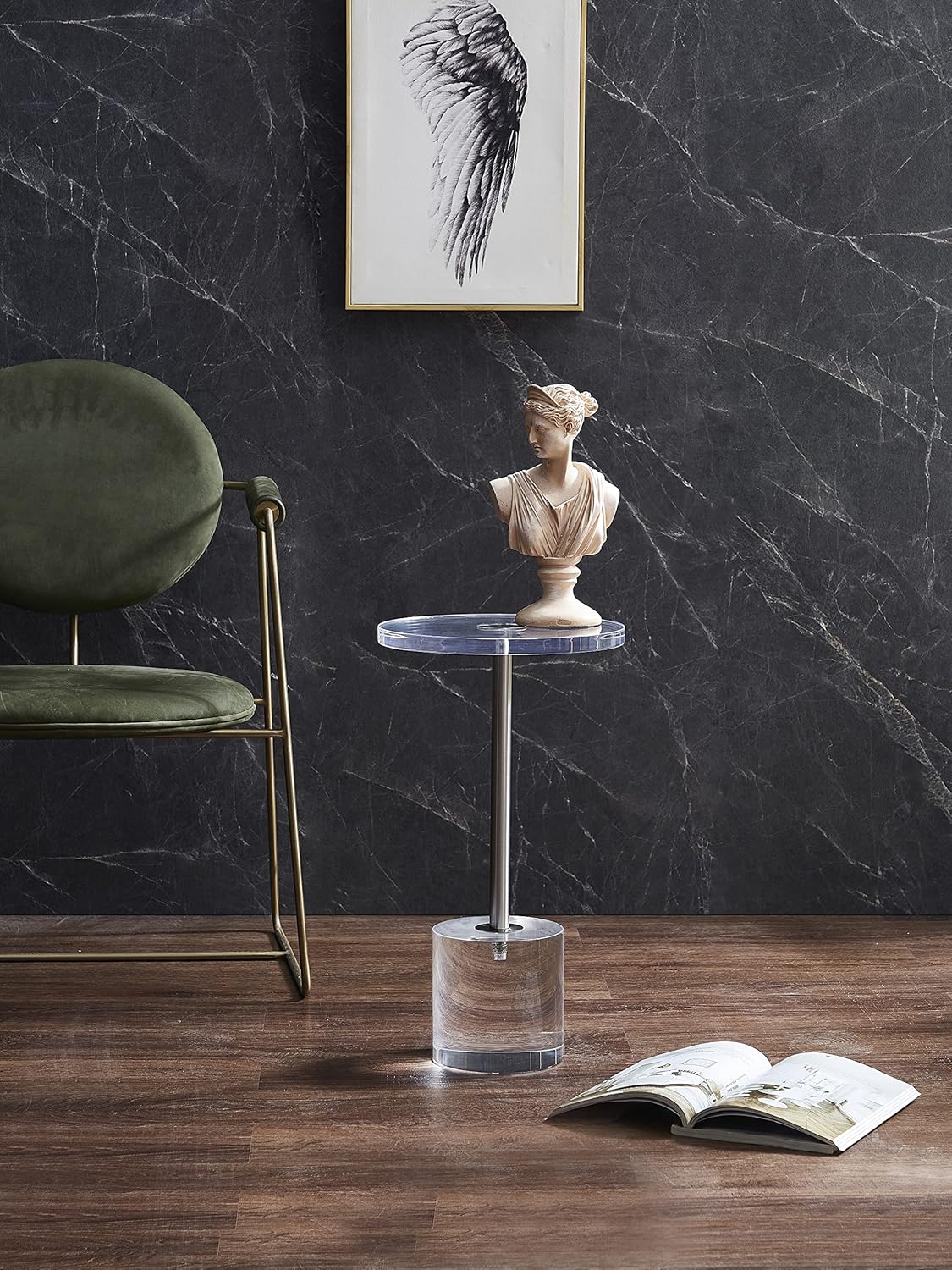 Clear Acrylic End Table,Side Table,Brushed Silver Metal,Round,for Office, Living Room and