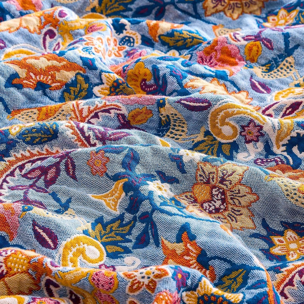 Boho Throw Blanket for Bed, 100% Cotton Soft Rustic Quilt Fall Blanket, 50"x60" Floral Printed