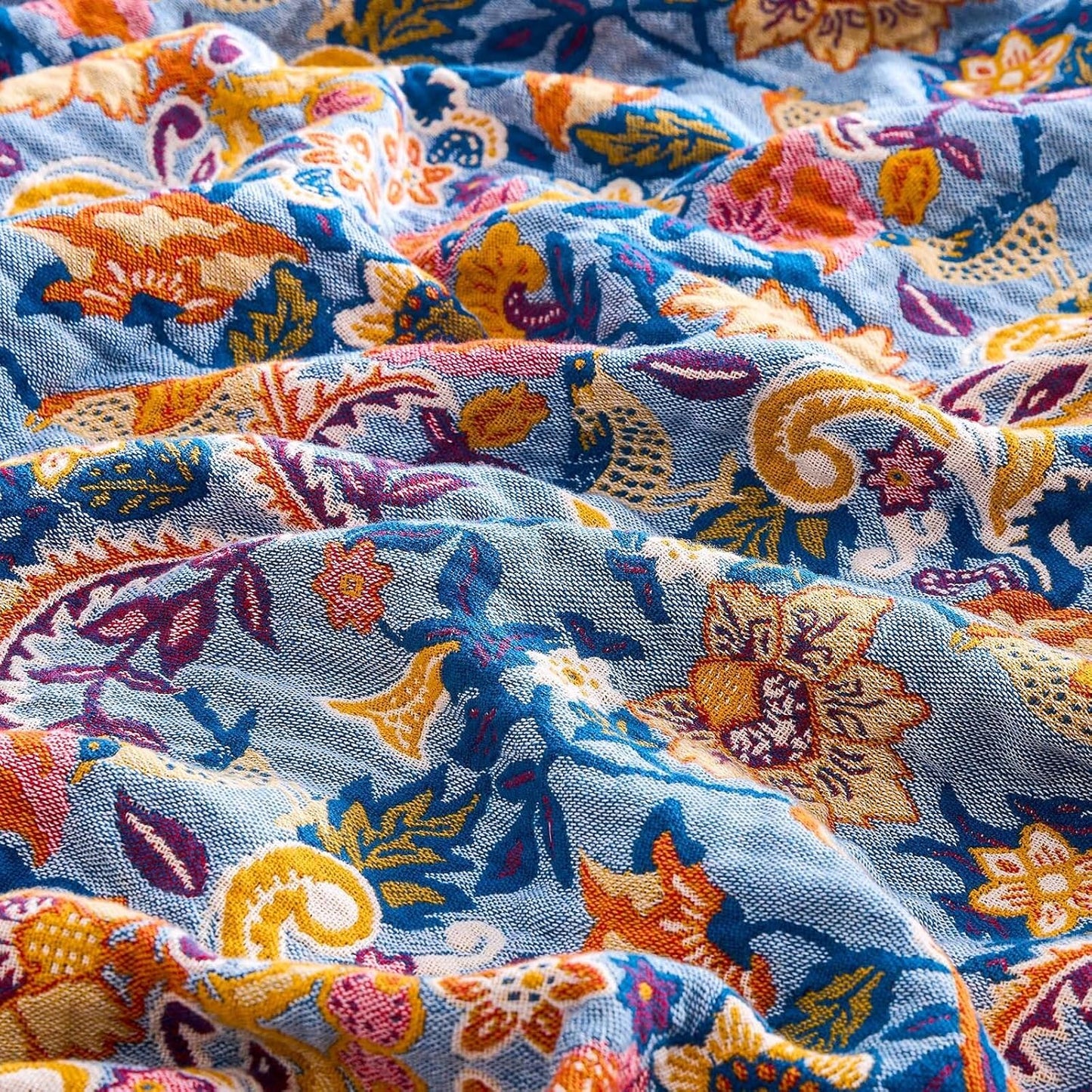 Boho Throw Blanket for Bed, 100% Cotton Soft Rustic Quilt Fall Blanket, 90"x98" Floral Printed