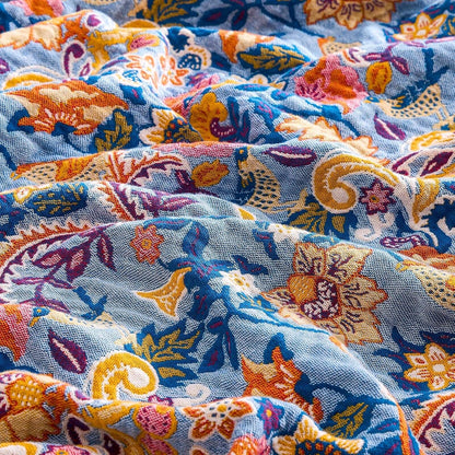 Boho Throw Blanket for Bed, 100% Cotton Soft Rustic Quilt Fall Blanket, 90"x98" Floral Printed