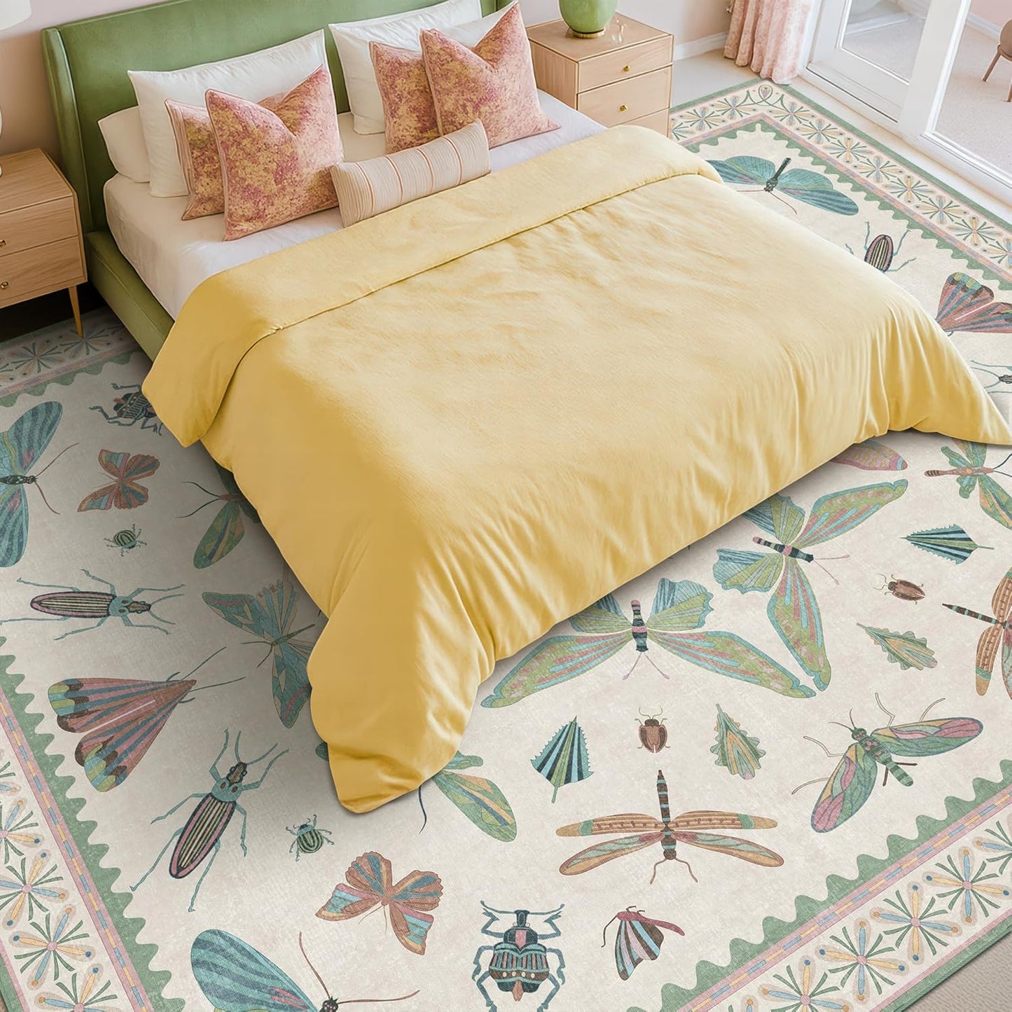 Green Butterfly Rugs for Girls Bedroom - 8x10 Floral Area Rug for Living Room, Dining Room Under