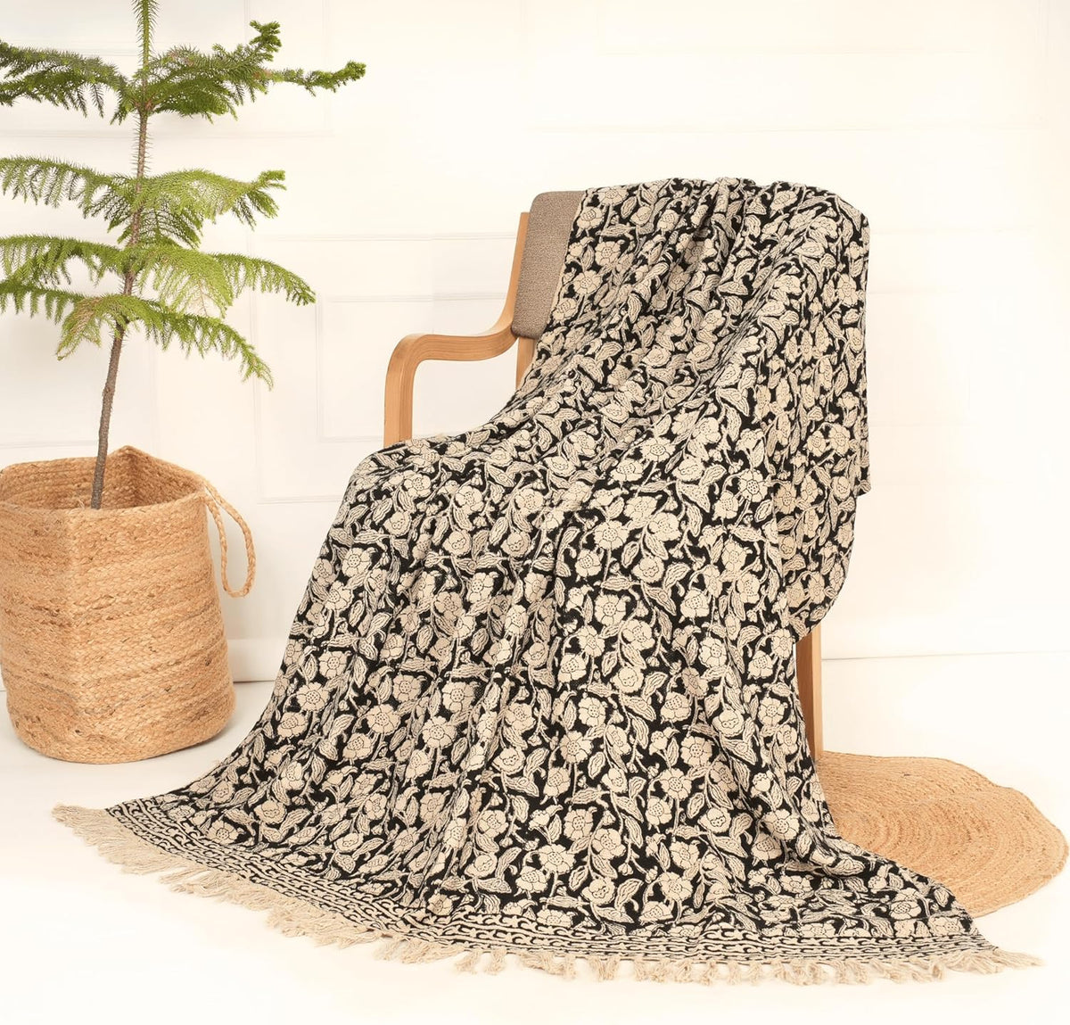 Handmade Cotton Throw Blanket 48x70 Inches | Black & Beige Floral Block Print Decorative Sofa Throw