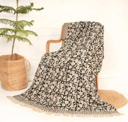 Handmade Cotton Throw Blanket 48x70 Inches | Black & Beige Floral Block Print Decorative Sofa Throw