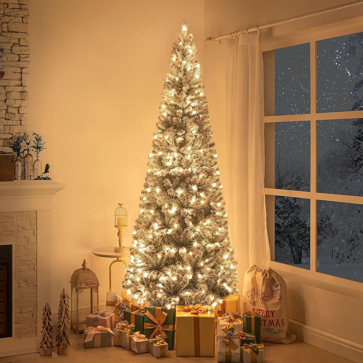 Naomi Home Salzburg 7.5ft Frosted Prelit Slim Artificial Christmas Tree with 1102 Branch Tips, 350