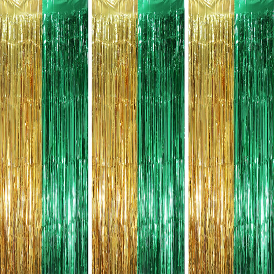 3 Pack 3.3 x 8.2 ft Green and Gold Foil Fringe Backdrop Curtains, Tinsel Streamers Party
