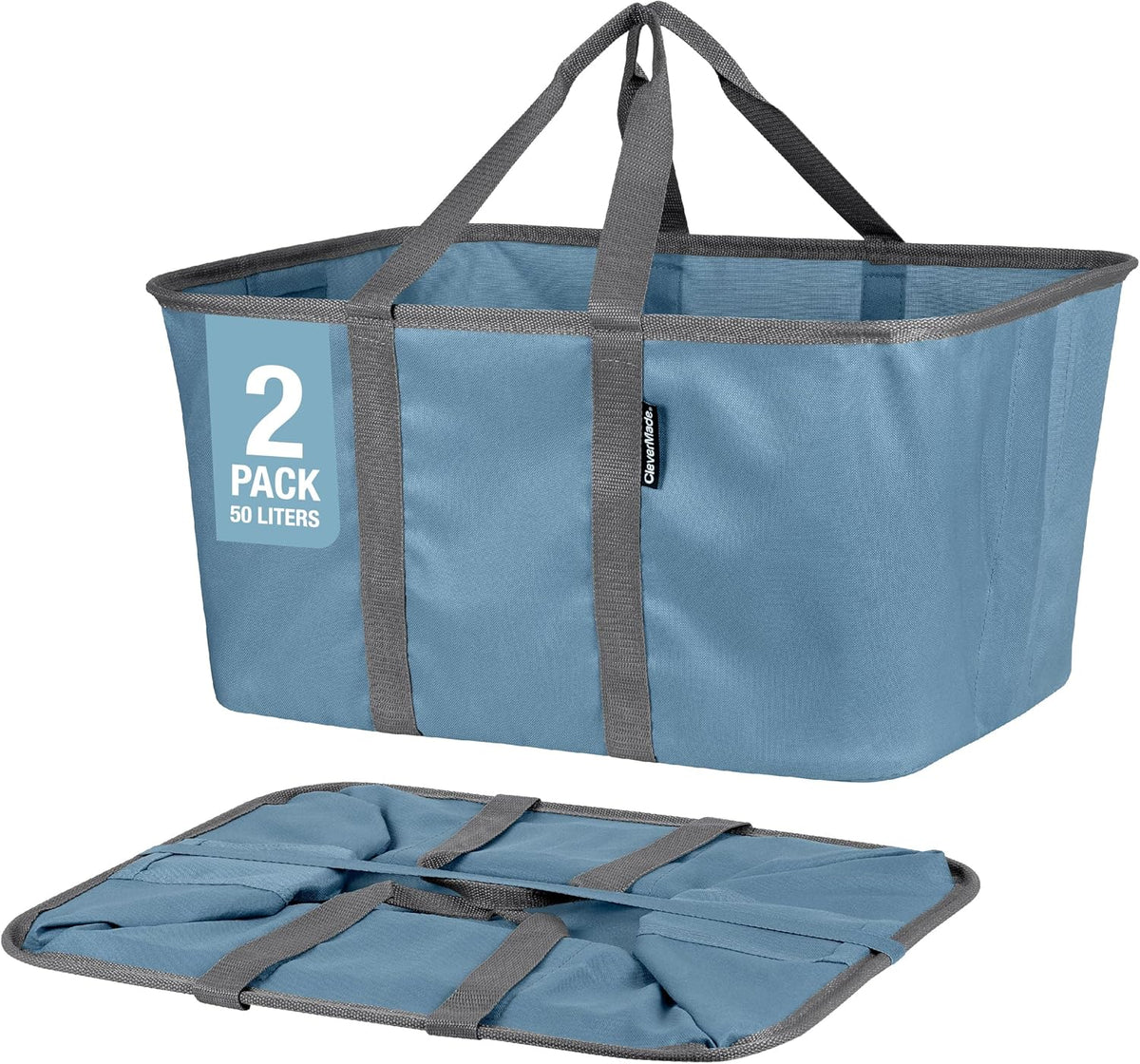 CleverMade Collapsible Laundry Tote - Denim Charcoal 2-Pack 50L - Foldable Storage Organization