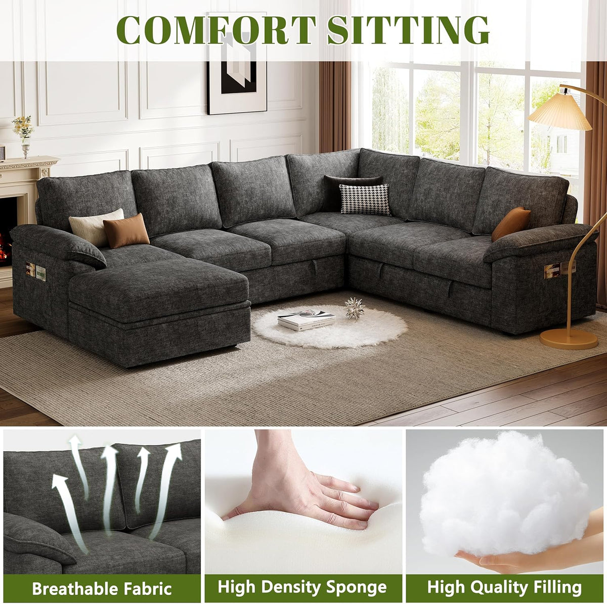 108 Inch Sectional Sleeper Sofa with Pull Out Bed,U Shaped 7 Seat Modular Sectional Sofa with