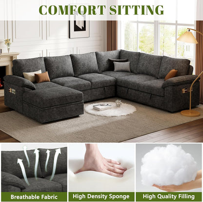 108 Inch Sectional Sleeper Sofa with Pull Out Bed,U Shaped 7 Seat Modular Sectional Sofa with