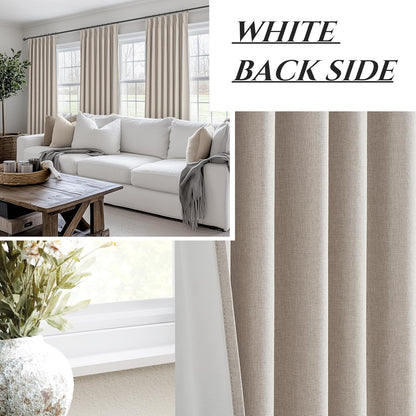 Grey Beige Linen Pinch Pleated Viral Thick Curtains Blackout & Drapes 84 Inch Length 2 Panels Set