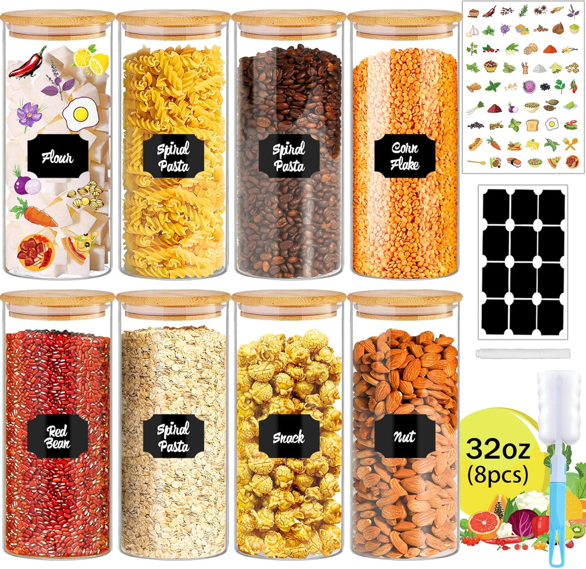 32 oz 8 Pcs Glass Jars with Bamboo Lids, Stackable Clear Food Storage Jars, Airtight Kichen Glass