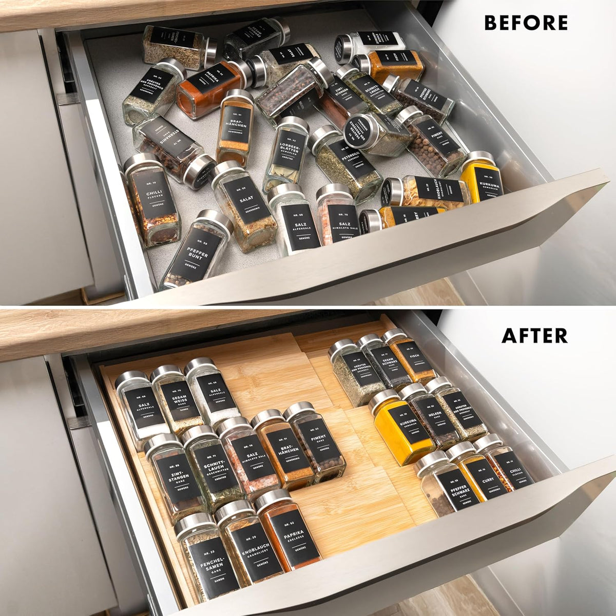 Bamboo Spice Drawer Organizer - Expandable 4 Tier Spice Rack (Need 3" Deep Drawer) 12" to 24" Wide
