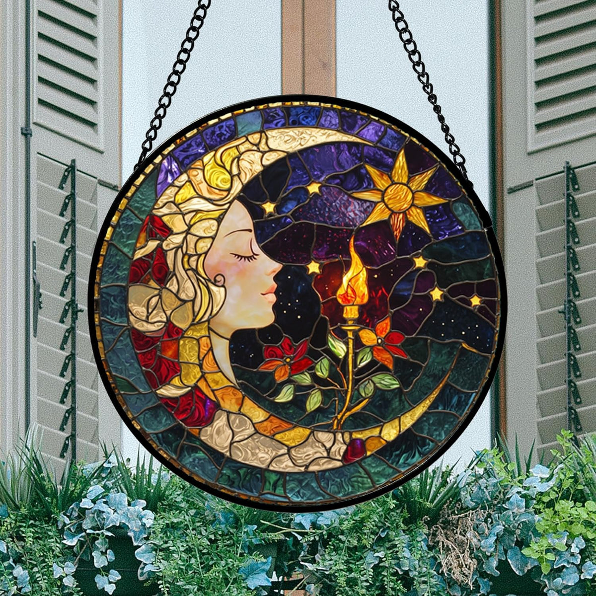 Stained Glass Window Hanging, Moon Goddess Torch Suncatcher Diamond Glass Panel Hangings Dream Sun