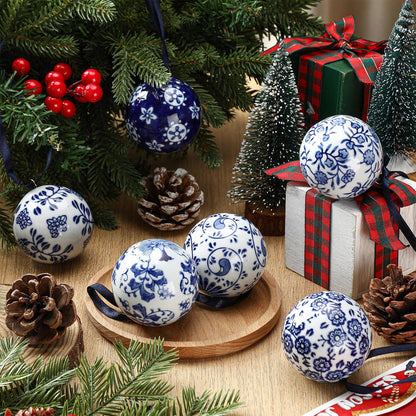 Cindeer 6 Pcs Blue and White Christmas Porcelain Balls 2.4 Inch Porcelain Chinoiserie Ornament Bulk