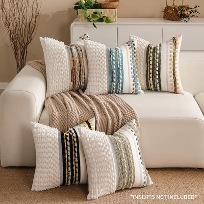 Boho Chenille Tufted Couch Throw Pillow Covers 18x18 Inch Set of 2 Farmhouse Striped Decorative