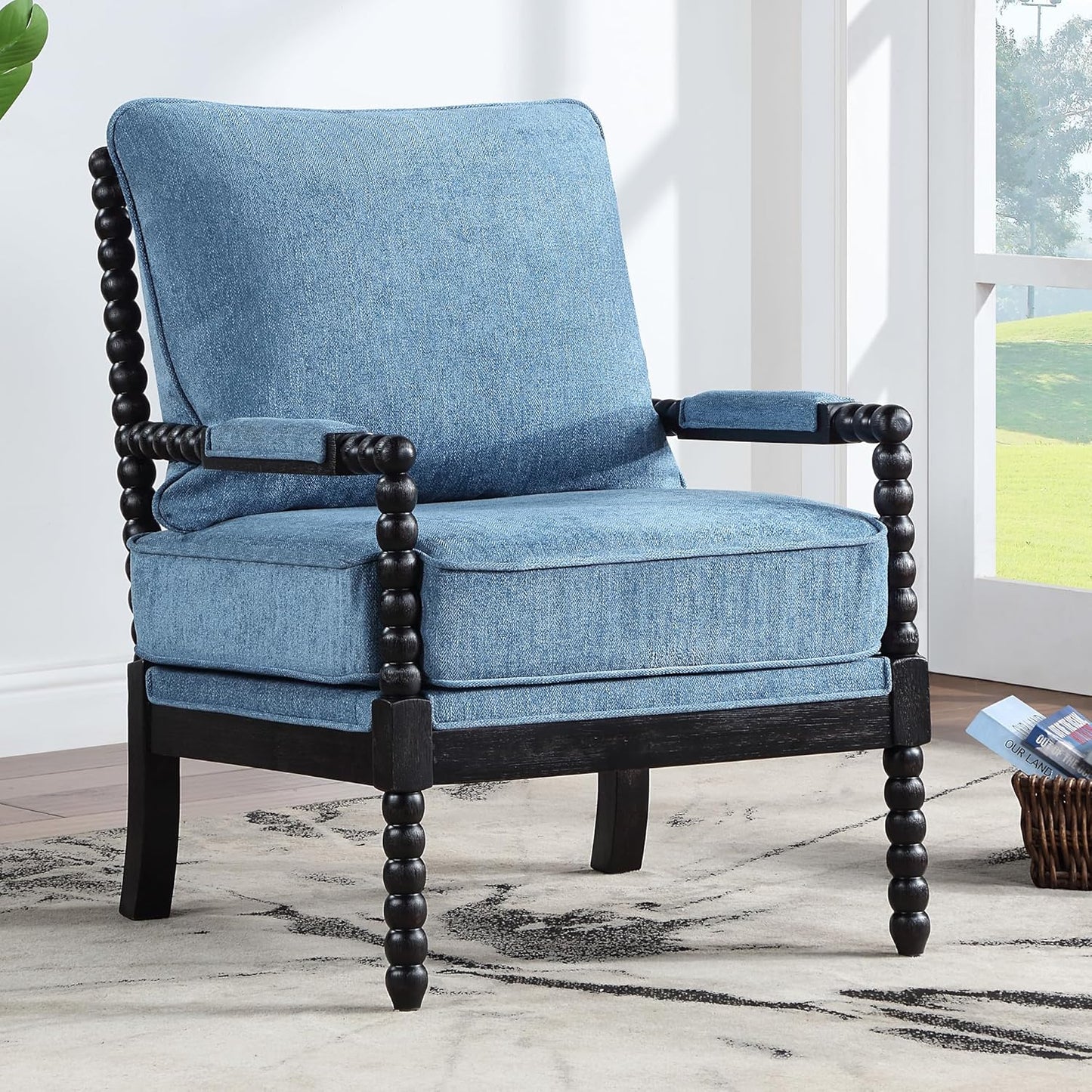 DUHOME Linen Fabric Spindle Accent Chair with Wood Frame,Modern Accent Spool Chairs with Padded