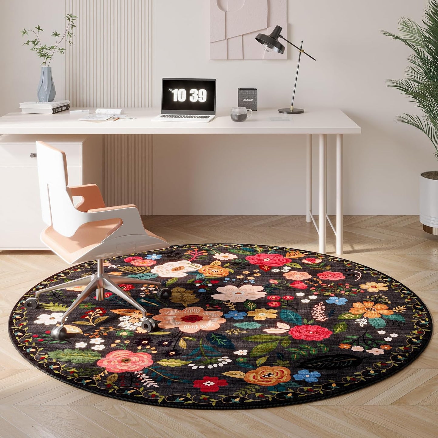 Round Rug 6ft Washable Circle Rug Non Slip Low Pile Boho Floral Small Circular Rug for Bedroom