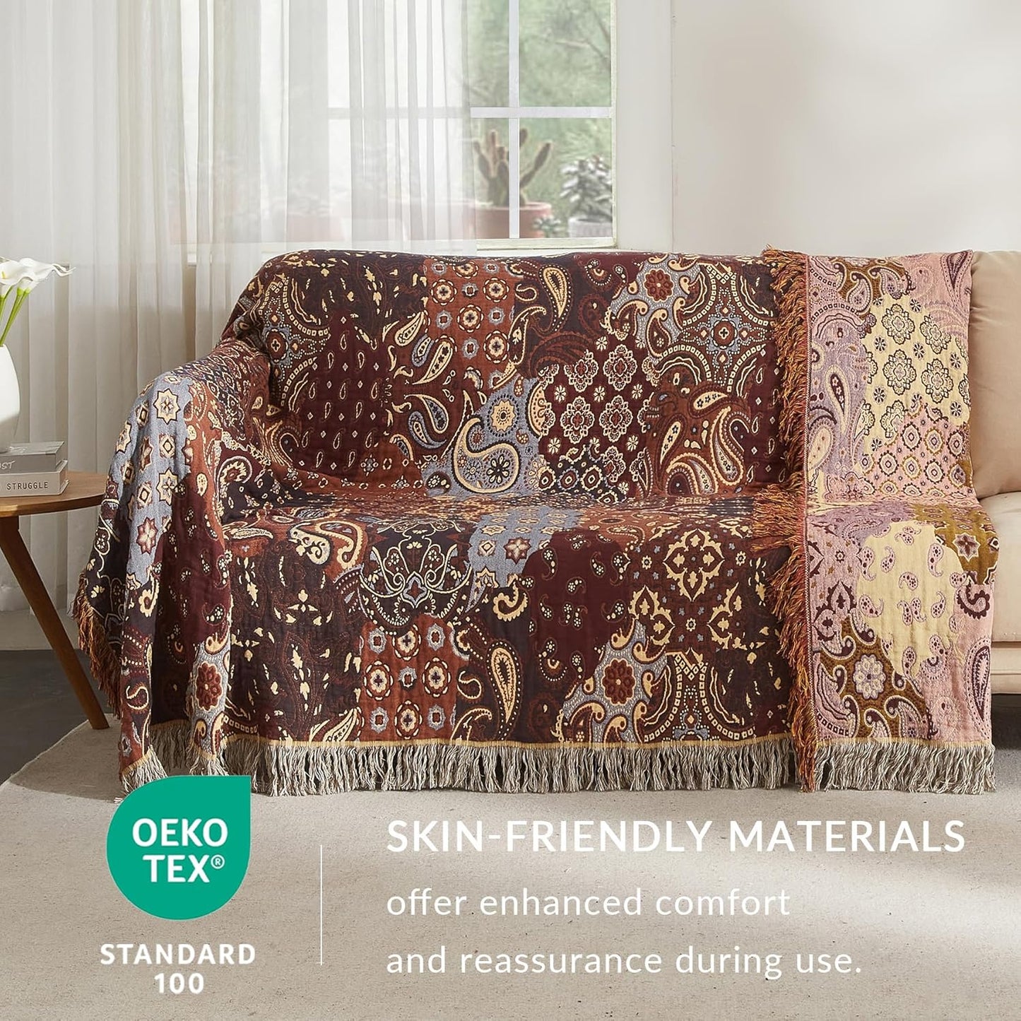 Boho Throw Blanket for Couch Sofa Bed, 100% Cotton Woven Quilt with Tassel 60”x80”, Super Soft