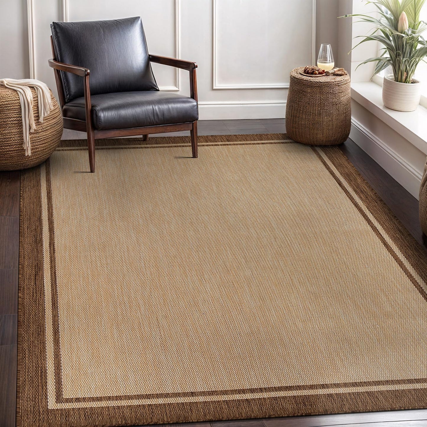 CAMILSON Outdoor Rug 8x10 Bordered Natural Brown Modern Area Rugs for Indoor and Outdoor Patios