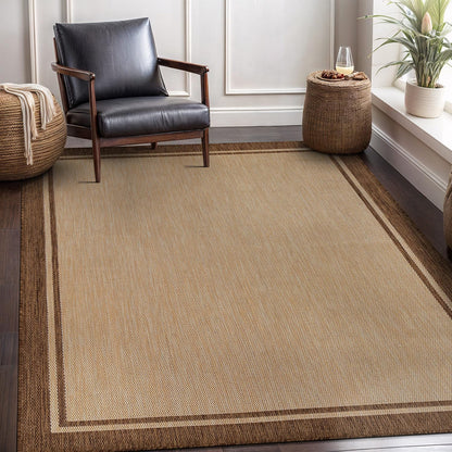 CAMILSON Outdoor Rug 8x10 Bordered Natural Brown Modern Area Rugs for Indoor and Outdoor Patios