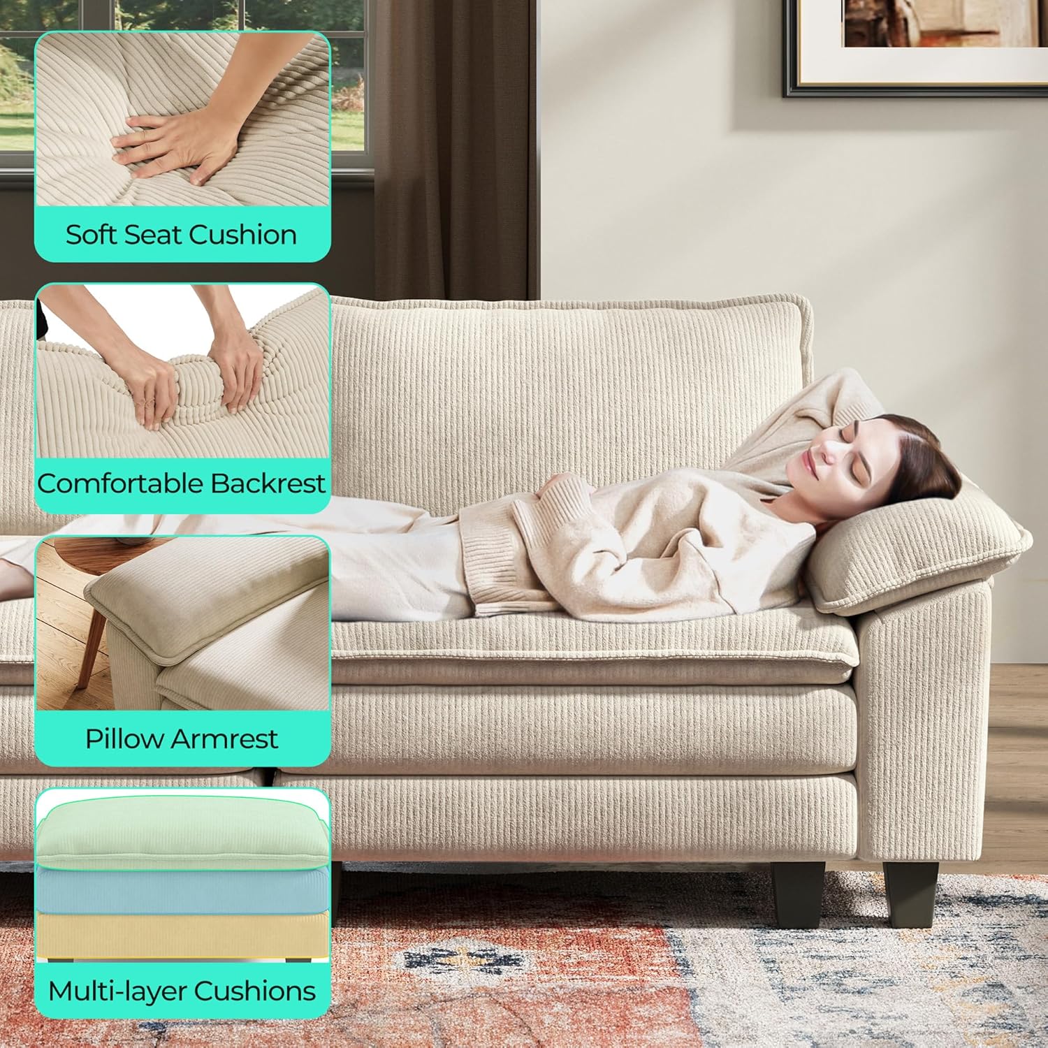LINSY HOME Modular Sectional Sofa - 123'' Oversized Sleeper Sofa Cloud Couch Corduroy Sofa Bed with