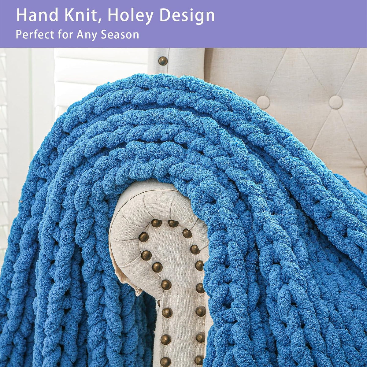 Bigacogo Chunky Knit Throw Blanket for Couch, 40x40 inches, 100% Hand Knitted with Thick Jumbo