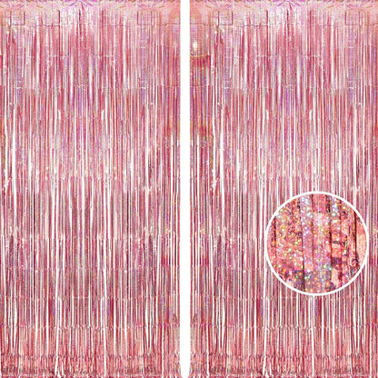 BRAVESHINE Rose-Gold Tinsel Foil Fringe Curtains - 2Pcs 3.2x8.2ft Metallic Holiday Photo Booth
