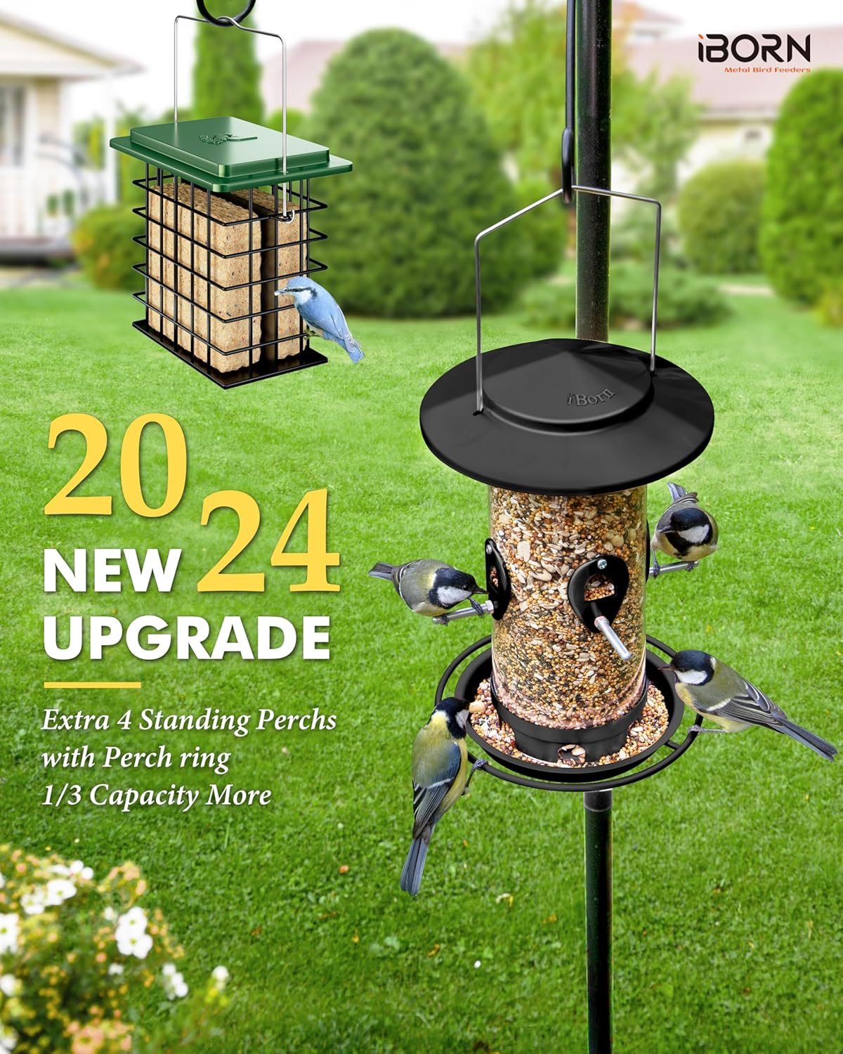 iBorn Metal Bird Feeder for Outside Hanging,Wild Bird Feeders for Cardinal,18cm Large Roof&Tray