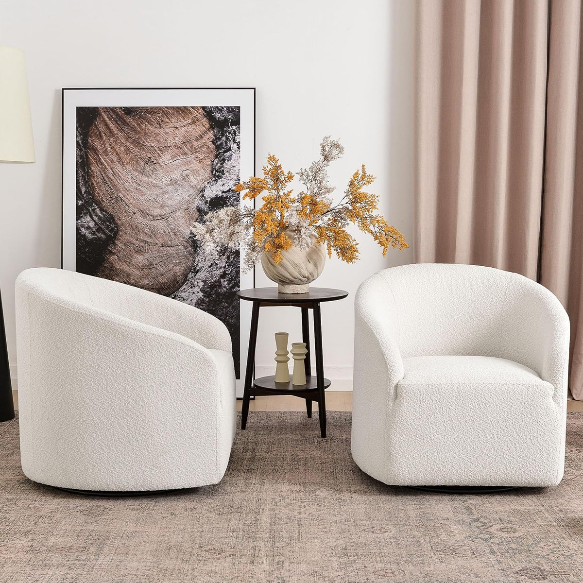 KINWELL 32" Wide Modern Boucle Swivel Barrel Chairs Set of 2, No Assembly Round Upholstered Swivel
