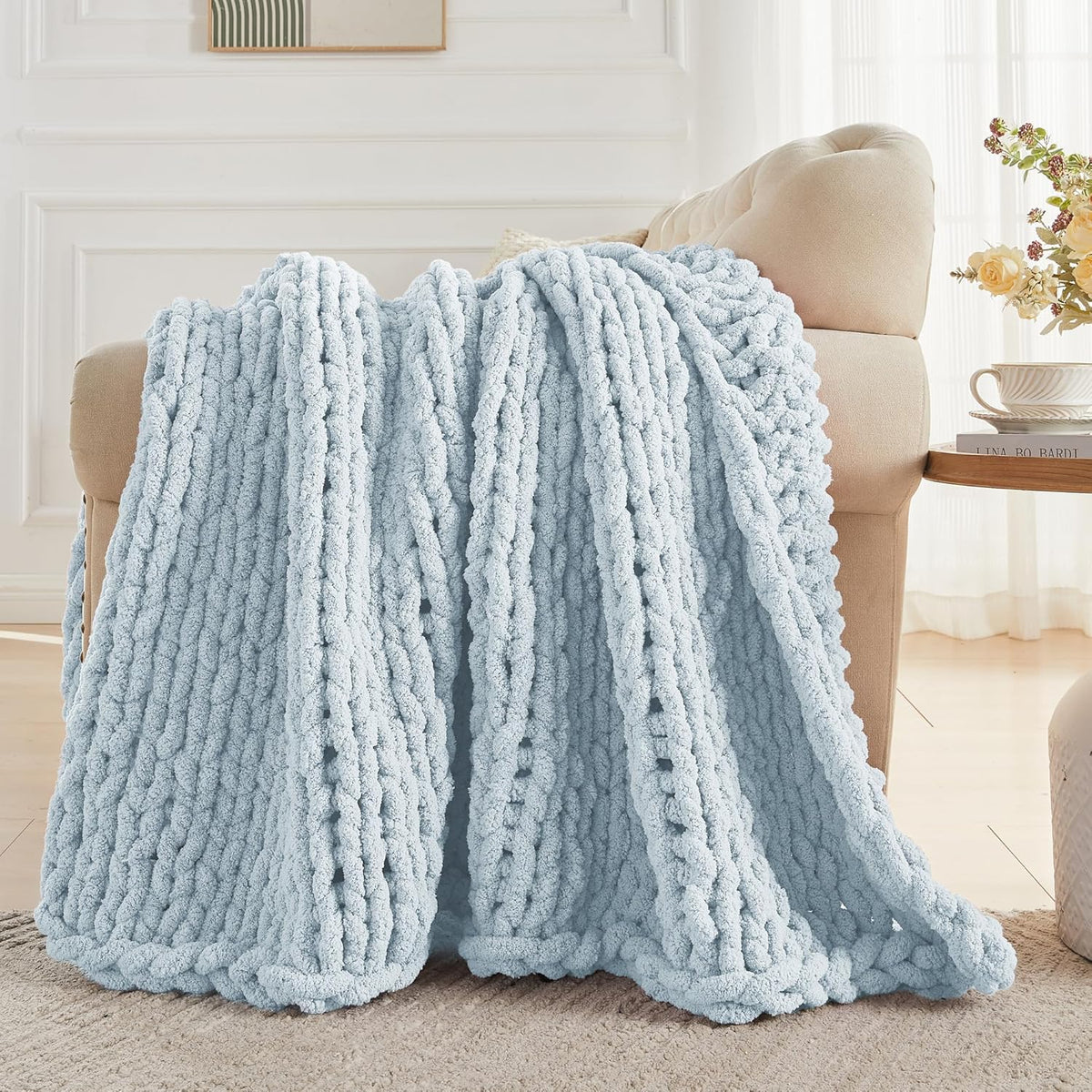 Carriediosa Chunky Knit Throw Blanket 60" X 80" Twin, 100% Hand Made Large Chenille Loop Yarn Soft