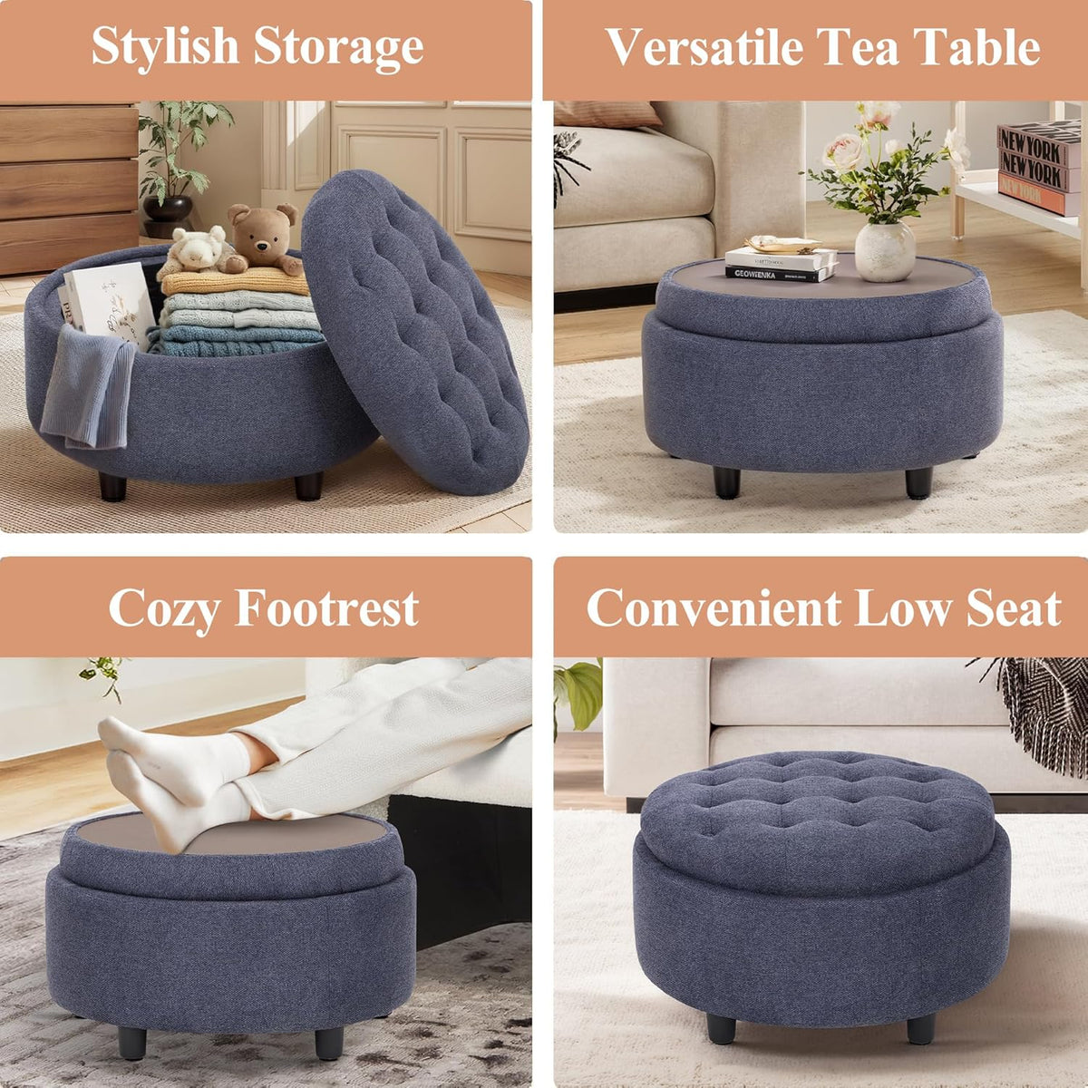 COLAMY Fabric Round Storage Ottoman with Reversible Tray Lid – Multi-Functional Footrest, Hidden