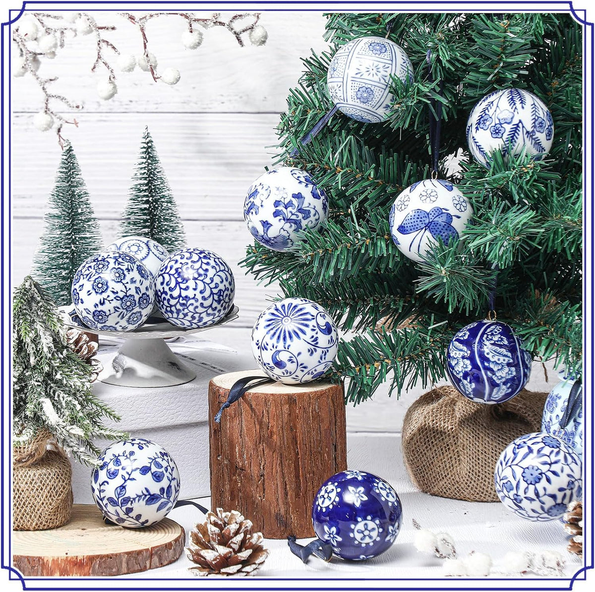 Cindeer 12 Pcs Blue and White Christmas Porcelain Balls 2.4 Inch Porcelain Chinoiserie Ornament
