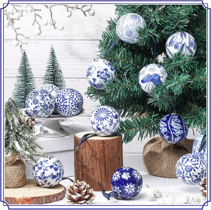 Cindeer 12 Pcs Blue and White Christmas Porcelain Balls 2.4 Inch Porcelain Chinoiserie Ornament