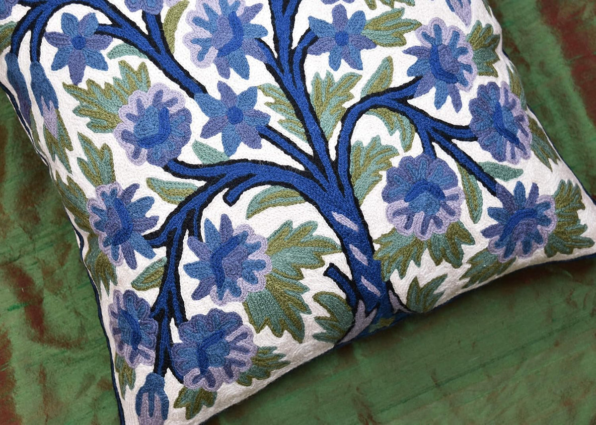 Blue Tree of Life Pillow Cover Indigo Plant Floral Pillowcase Needlepoint Botanical Flower Suzani