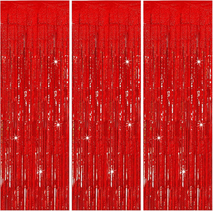 3 Pack Red Streamers Party Backdrop Christmas Decorations Foil Fringe Backdrop Curtains Carnival