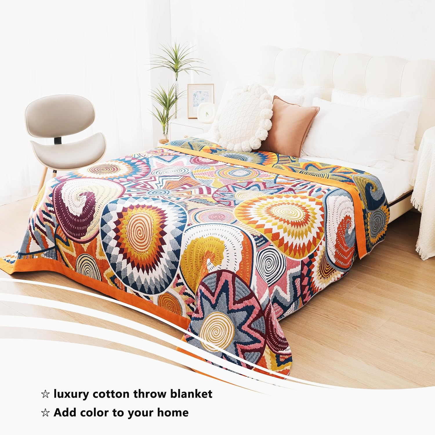 Boho Throw Blanket, 100% Organic Muslin Cotton Breathable Ultra Soft Bed Quilt Throw - All Season