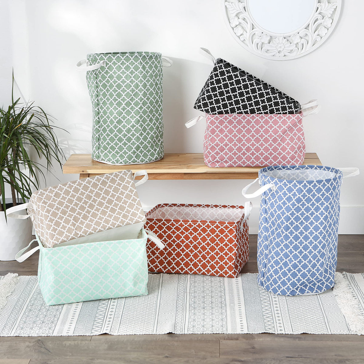 DII Laundry Storage Collection, PE Coated Collapsible Bin with Handles, French Blue Lattice