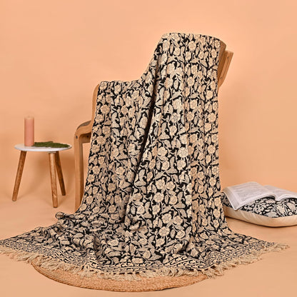Handmade Cotton Throw Blanket, Floral Block Print, Black and Beige Wrap, 47x71 inches Decorative
