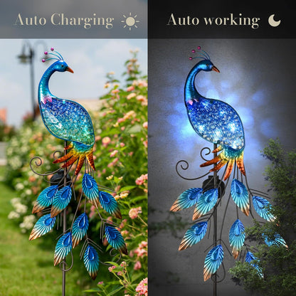 TERESA'S Collections Garden Decor Blue Peacock with Solar Outdoor Lights, 40" Glass Yard Art for