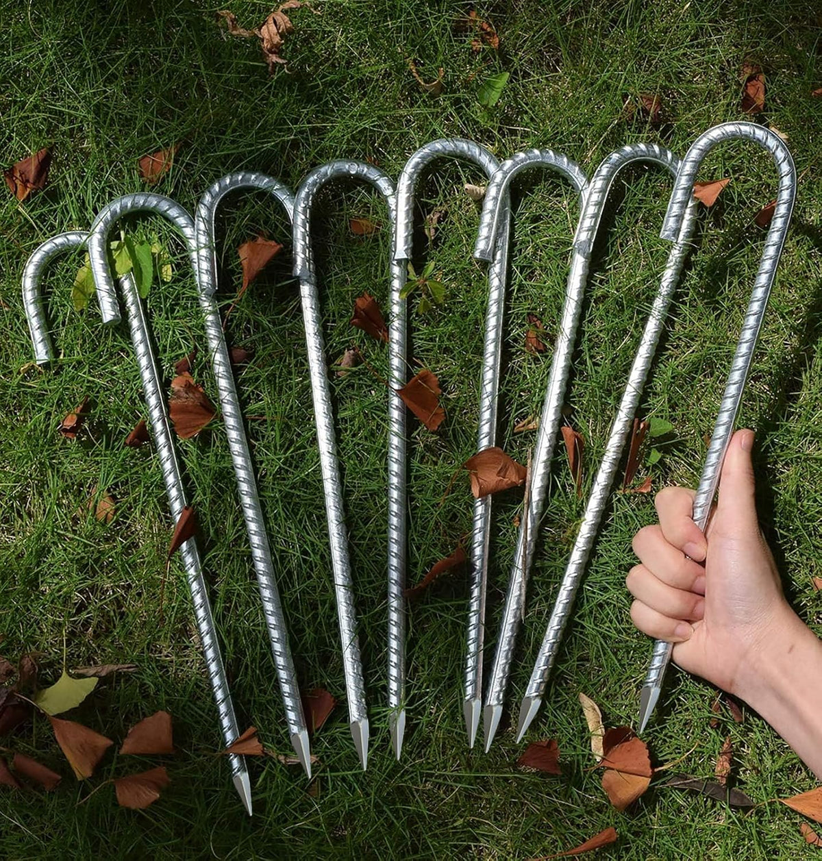AAGUT 12 Inch Rebar Stakes J Hook 16 Pcs 3/8" Chain Link Fence Stakes Heavy Duty Galvanized Steel