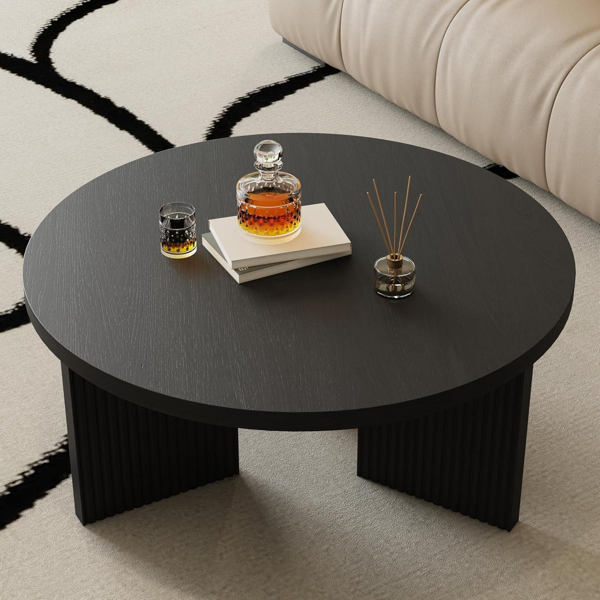 Wooden Round Coffee Table, 35" Coffee Table with Smooth Thick Mesa, Low Circle Center Table with X