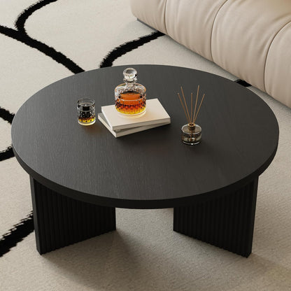 Wooden Round Coffee Table, 35" Coffee Table with Smooth Thick Mesa, Low Circle Center Table with X