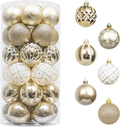 Valery Madelyn Christmas Ornaments Set, 30ct 2 Inches White and Gold Shatterproof Christmas Tree