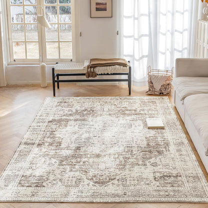 6'x9' Area Rug - Vintage Persian Medallion Design Low-Pile Faux Wool Rug, Non-Slip Backing, Machine