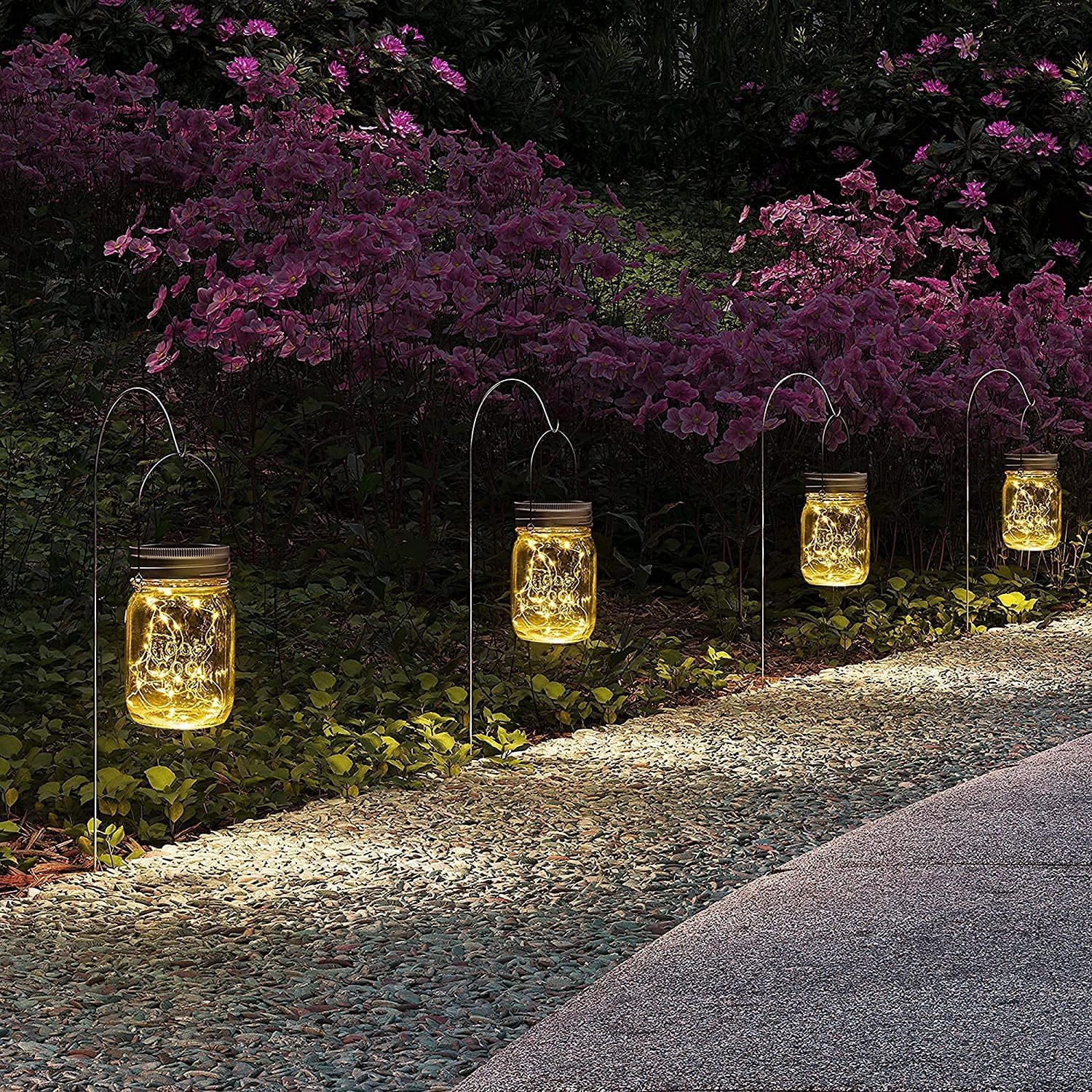 GIGALUMI Hanging Mason Jar Solar Lights, 6 Pack 30 Led Hanging Solar Lanterns Outdoor Waterproof