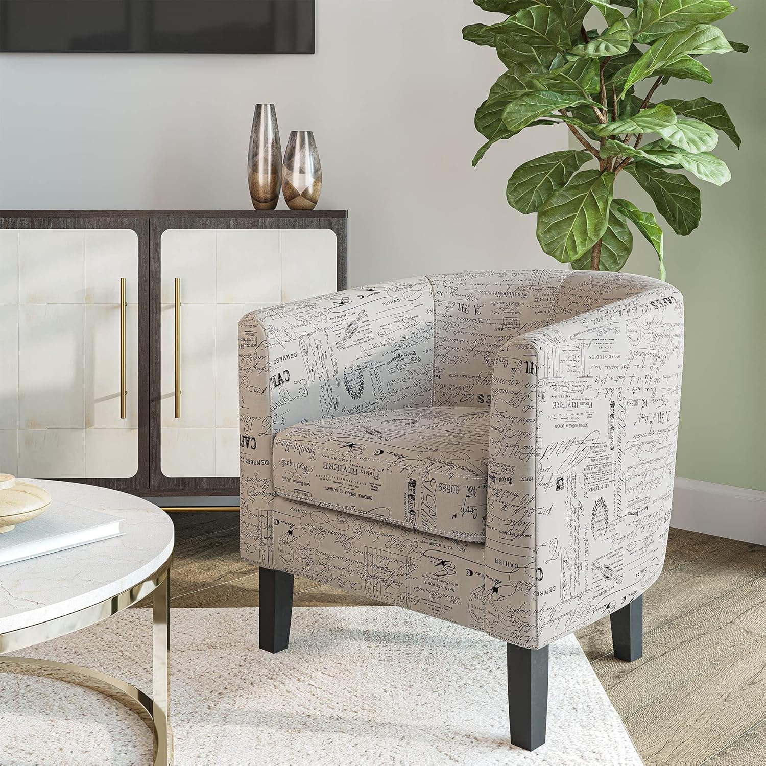 BELLEZE Accent Barrel Chair Set of 2, Linen Round Chair Club Tub Sofa Corner Chair with Flared Legs