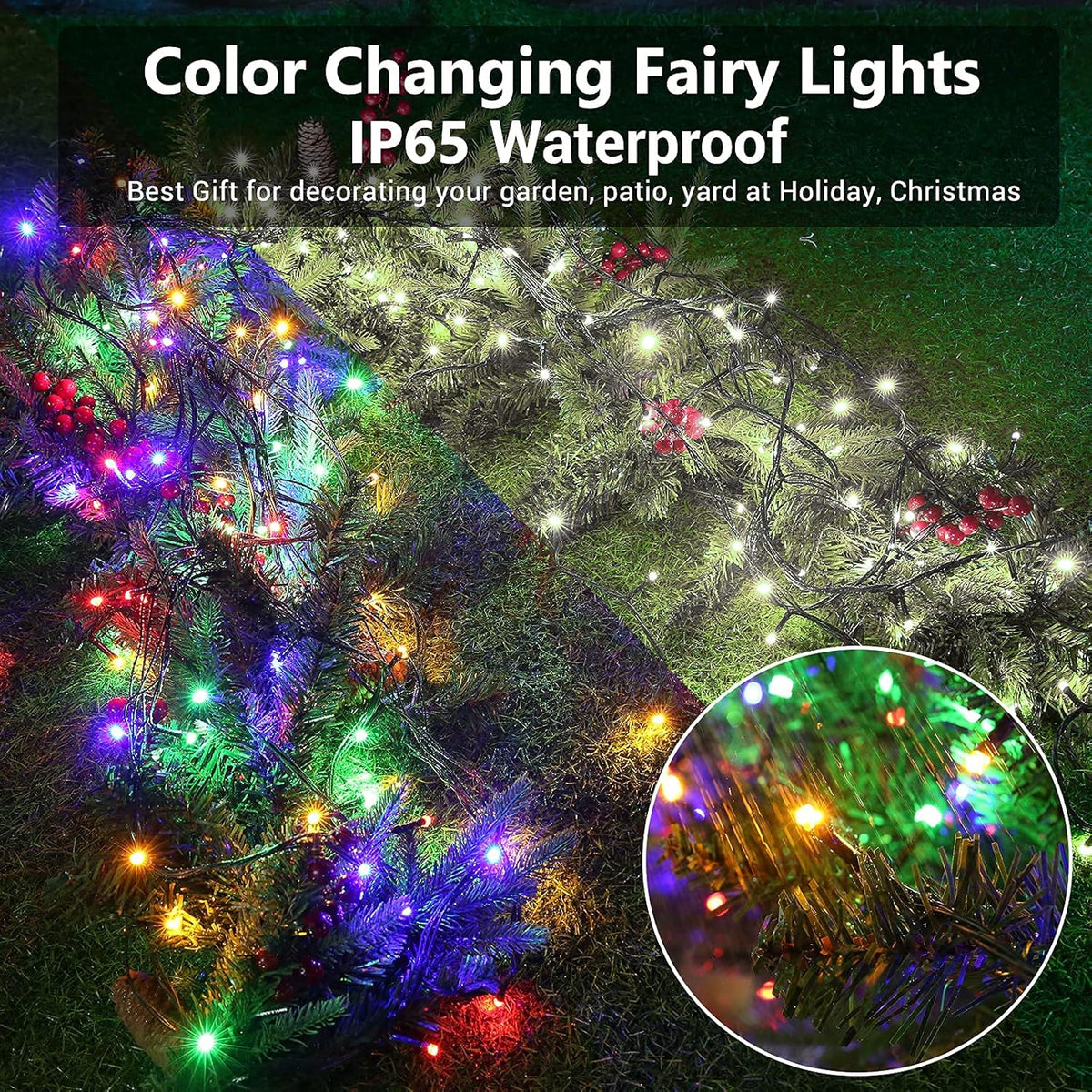 Joomer Color Changing Christmas Lights, 2 Pack Total 144FT 400 LED 12 Modes Solar String Lights
