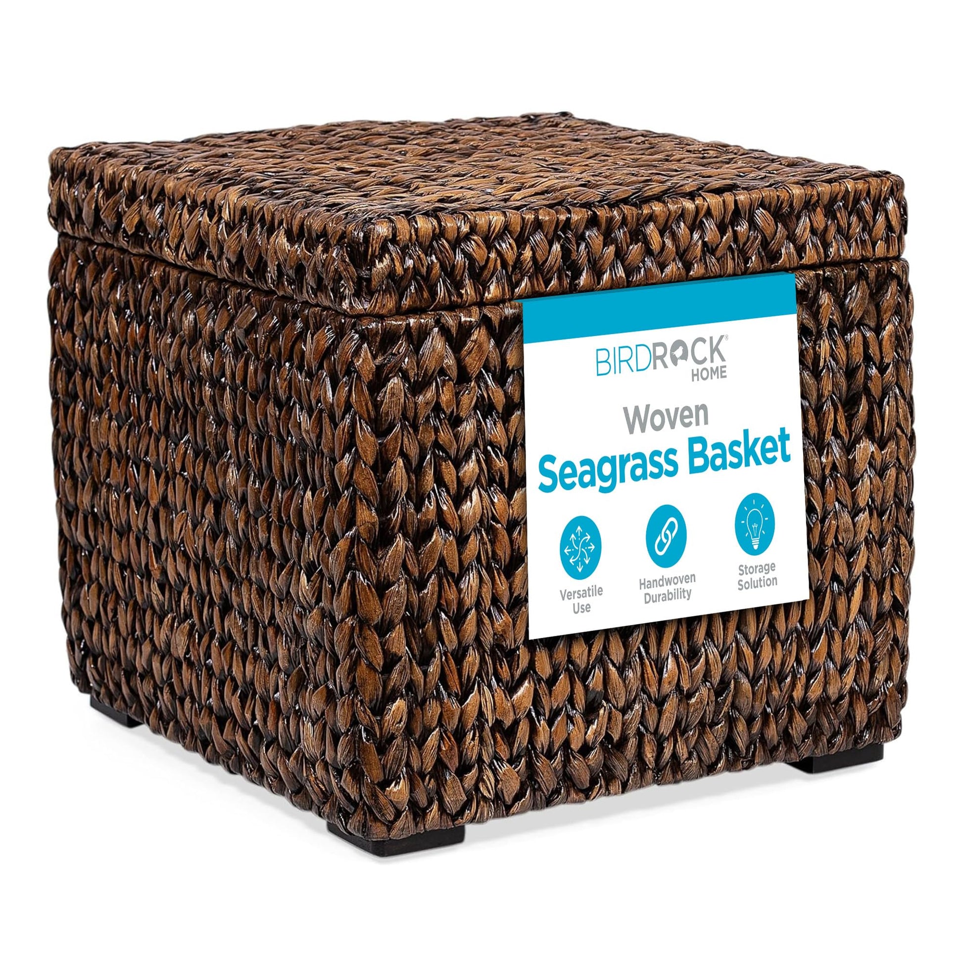 BIRDROCK HOME Storage Cube Box with Lid - Brown Wash Seagrass - Large Hand Woven Floor Container