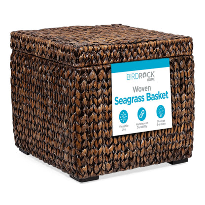 BIRDROCK HOME Storage Cube Box with Lid - Brown Wash Seagrass - Large Hand Woven Floor Container
