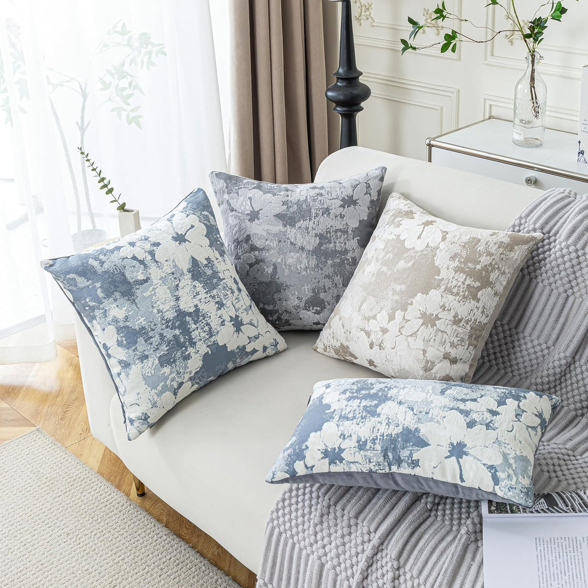 Jacquard Throw Pillow Covers 12x20 Inch Set of 2 - Vintage Floral Boho Pillow Cases with Botanical